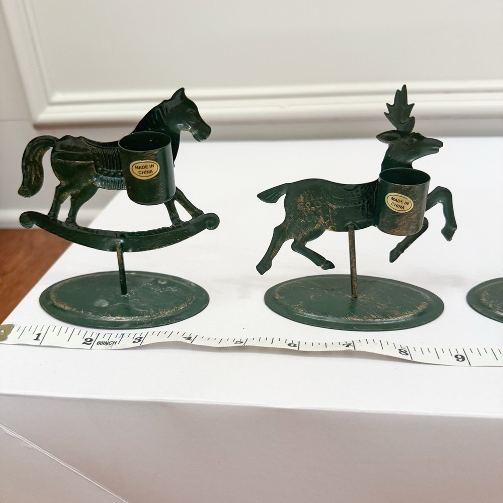 4 Vintage Green And Gold Metal Christmas Candle Stick Holders Holiday - Picture 4 of 7